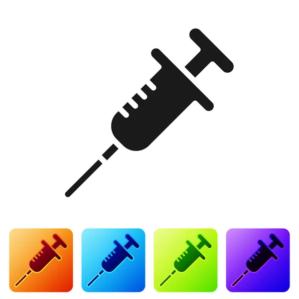 黑色注射器图标隔离在白色背景 疫苗注射器 注射器 流感疫苗 医疗设备 在彩色正方形按钮中设置图标 — 图库矢量图片