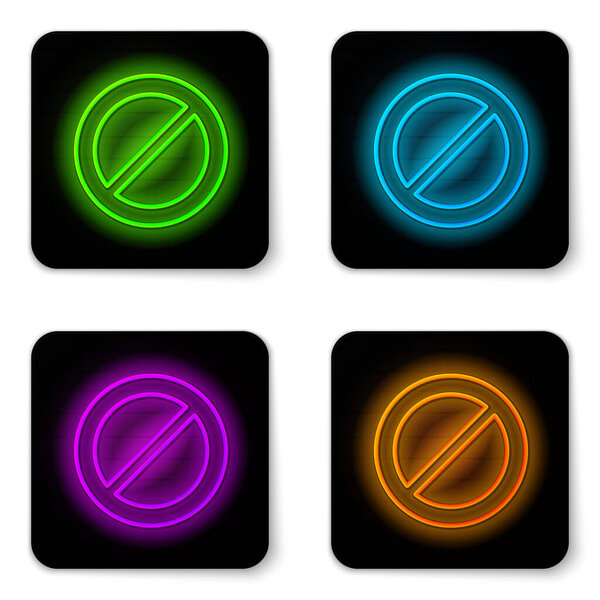 Glowing neon line Ban icon isolated on white background. Stop symbol. Black square button. Vector.