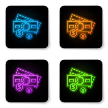 Parlayan neon yığınları kağıt para para ikonu beyaz arka planda izole. Para desteleri. Para birimi. Siyah kare düğme. Vektör İllüstrasyonu.