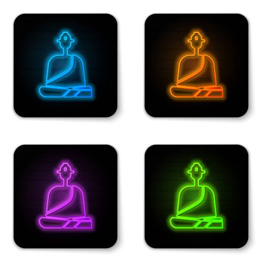 Beyaz arka planda izole edilmiş meditasyon ikonunda oturan cübbeli parlak neon keşiş. Siyah kare düğme. Vektör İllüstrasyonu.