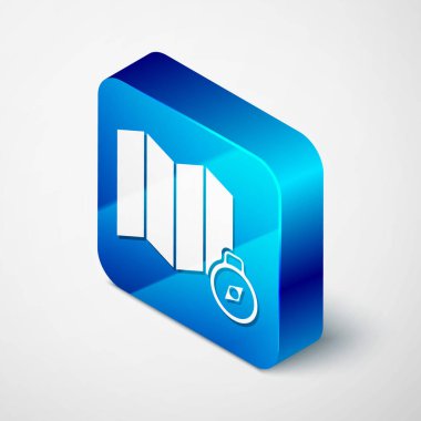 Gri arkaplanda izole edilmiş bir harita ikonu üzerinde ormanın Isometric konumu. Mavi kare düğme. Vektör İllüstrasyonu.