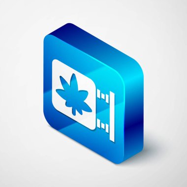 Isometric Marijuana ve kenevir dükkanı ikonu gri arka planda izole edilmiş. Sigara içmek, tıbbi esrar depolamak için ekipman ve aksesuarlar. Mavi kare düğme. Vektör İllüstrasyonu.