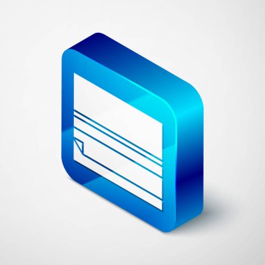 Gri arkaplanda izole edilmiş Isometric Yuvarlanan Kağıt Simgesi. Mavi kare düğme. Vektör İllüstrasyonu.