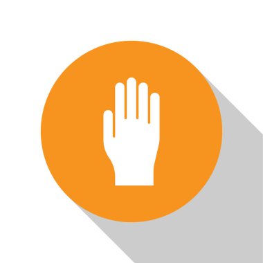 Beyaz arka planda izole edilmiş beyaz tıbbi kauçuk eldiven ikonu. Koruyucu lastik eldivenler. Turuncu daire düğmesi. Vektör İllüstrasyonu.