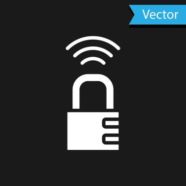 Beyaz Akıllı kasa şifreli kilit simgesi siyah arkaplanda izole edildi. Kombinasyon asma kilit. Güvenlik, güvenlik, koruma, şifre, gizlilik. Vektör.