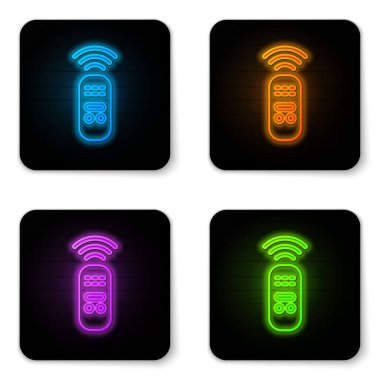 Parlayan neon akıllı uzaktan kumanda sistemi simgesi beyaz arkaplanda izole edildi. İnternet kavramının kablosuz bağlantısı. Siyah kare düğme. Vektör.