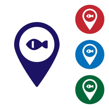 Mavi konum balıkçılık ikonu beyaz arka planda izole. Balıkçılık yeri. Renkli kare düğmelerle simgeleri ayarla. Vektör.