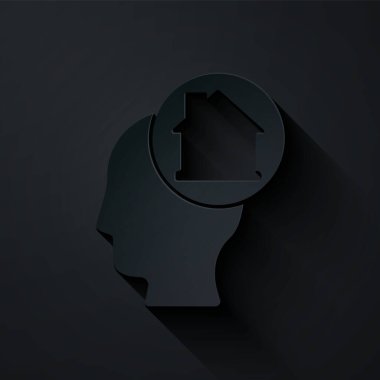 Kâğıt kesicisi, siyah arka planda izole edilmiş yeni bir ev ikonu almayı hayal ediyor. Kağıt sanatı tarzı. Vektör.