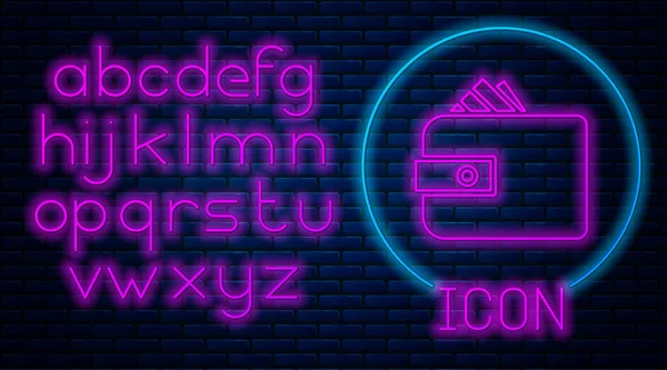 Gloeiende Neon Portemonnee Met Stapels Papier Geld Geld Pictogram Geïsoleerd — Stockvector