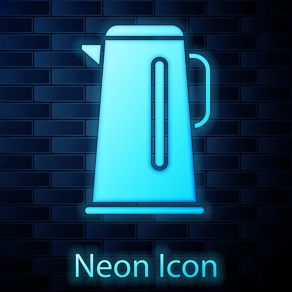 Gloeiende Neon Ketel Met Handvat Pictogram Geïsoleerd Baksteen Muur Achtergrond — Stockvector