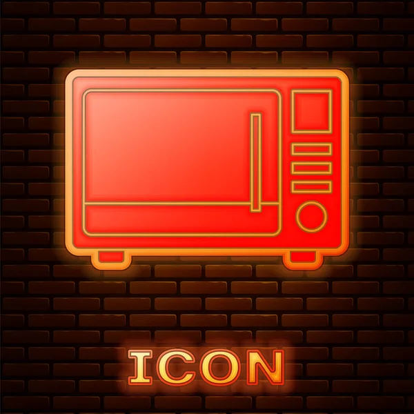 Glowing Neon Microwave Oven Icon Isolated Brick Wall Background Home — Stock Vector