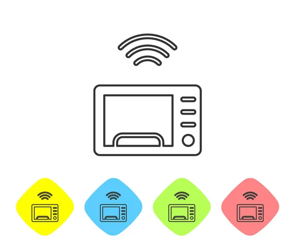 Šedá Čára Inteligentní Mikrovlnná Trouba Systém Ikona Izolované Bílém Pozadí — Stockový vektor