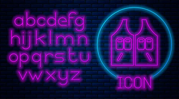 Gloeiende Neon Hunting Jas Pictogram Geïsoleerd Baksteen Muur Achtergrond Jachtvest — Stockvector