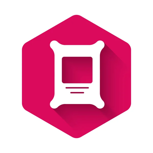 White Fertilizer Bag Icon Isolated Long Shadow Pink Hexagon Button — Stock Vector