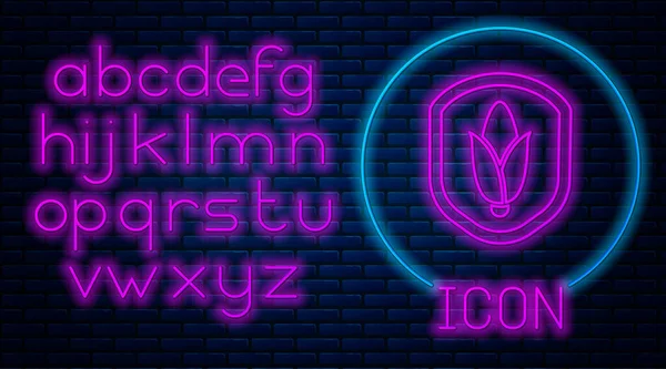 Gloeiende Neon Shield Maïs Pictogram Geïsoleerd Bakstenen Muur Achtergrond Beveiliging — Stockvector