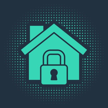 Koruma altındaki Yeşil Ev mavi arka planda izole edilmiş. Eve git ve kilitle. Koruma, güvenlik, güvenlik, koruma, savunma konsepti. Soyut çember rastgele noktalar. Vektör.