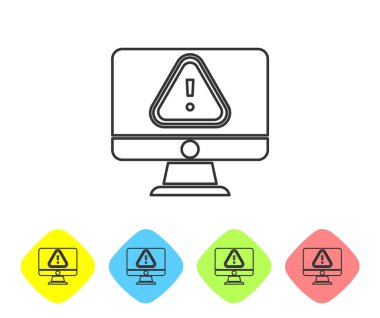Beyaz arkaplanda ünlem işareti simgesi olan gri çizgi bilgisayar monitörü. Uyarı mesajı akıllı telefon uyarısı. Renkli eşkenar dörtgen düğmelerine simgeleri yerleştir. Vektör.