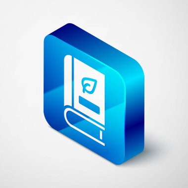 Gri arkaplanda yaprak simgesi olan Isometric Tıp Kitabı. Mavi kare düğme. Vektör.