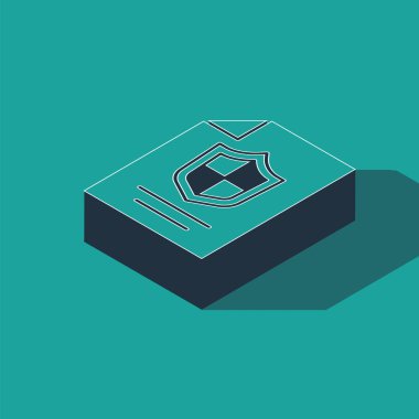 Yeşil zemin üzerinde kalkan simgesi olan Isometric Sözleşmesi. Sigorta konsepti. Güvenlik, güvenlik, koruma, konsept koruma. Vektör..