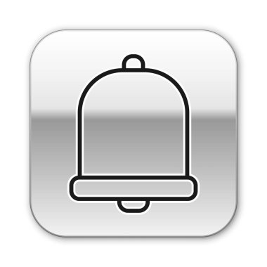 Siyah çizgi kilise çanı simgesi beyaz arkaplanda izole edilmiş. Alarm sembolü, servis zili, el zili işareti, uyarı sembolü. Gümüş kare düğme. Vektör İllüstrasyonu.