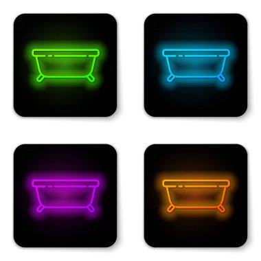 Parlayan neon hattı küvet simgesi beyaz arkaplanda izole edildi. Siyah kare düğme. Vektör İllüstrasyonu.