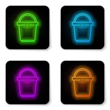 Parlayan neon çizgi Bucket simgesi beyaz arkaplanda izole edildi. Temizlik hizmeti konsepti. Siyah kare düğme. Vektör İllüstrasyonu.