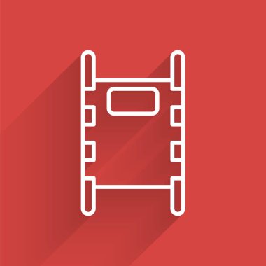 Beyaz çizgi Sedye simgesi uzun gölgeli izole edildi. Hastanenin tıbbi sedyesi. Vektör İllüstrasyonu.