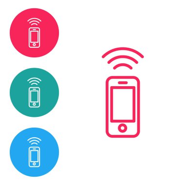 Beyaz arkaplanda kırmızı hat kablosuz akıllı telefon simgesi izole edildi. Simgeleri daire düğmelerine ayır. Vektör.