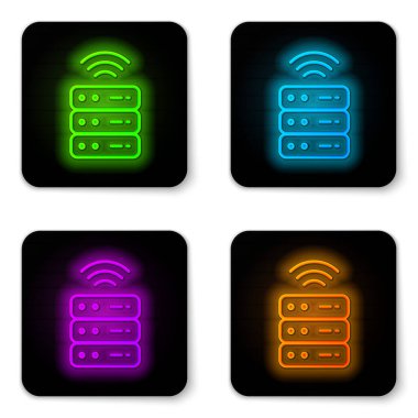 Parlayan neon hattı Smart Server, Data, Web sunucu simgesi beyaz arkaplanda izole edildi. İnternet kavramının kablosuz bağlantısı. Siyah kare düğme. Vektör.