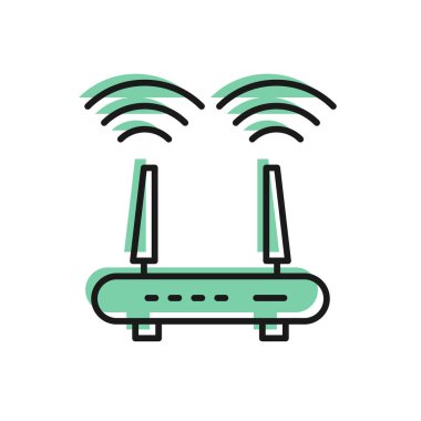 Siyah hat Router ve wi-fi sinyal simgesi beyaz arkaplanda izole edildi. Kablosuz ethernet modem yönlendirici. Bilgisayar teknolojisi interneti. Vektör.
