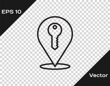 Şeffaf arkaplanda siyah çizgi konum anahtar simgesi izole edildi. Ev anahtarının konsepti. Vektör.