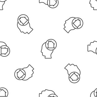 Gri Çizgili Adam beyaz arka planda izole edilmiş yeni bir ev ikonu almayı hayal ediyor. Vektör.