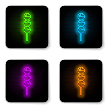 Beyaz arka planda izole edilmiş bir çubuk simgesinde parlayan neon hattı Takoyaki. Japon sokak yemeği. Siyah kare düğme. Vektör..