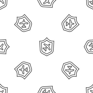 Gri çizgi düzleminde, beyaz arka planda izole edilmiş bir kalkan ikonu var. Uçan uçak. Uçak sigortası. Güvenlik, güvenlik, koruma, konsept koruma. Vektör..