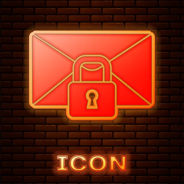 Glödande Neon Mail Meddelande Lås Lösenord Ikonen Isolerad Tegel Vägg — Stock vektor