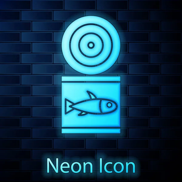 Icono Pescado Enlatado Neón Brillante Aislado Fondo Pared Ladrillo Vector — Vector de stock