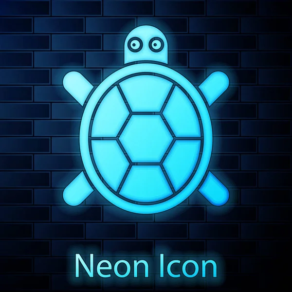 Icono Tortuga Neón Brillante Aislado Fondo Pared Ladrillo Vector — Vector de stock