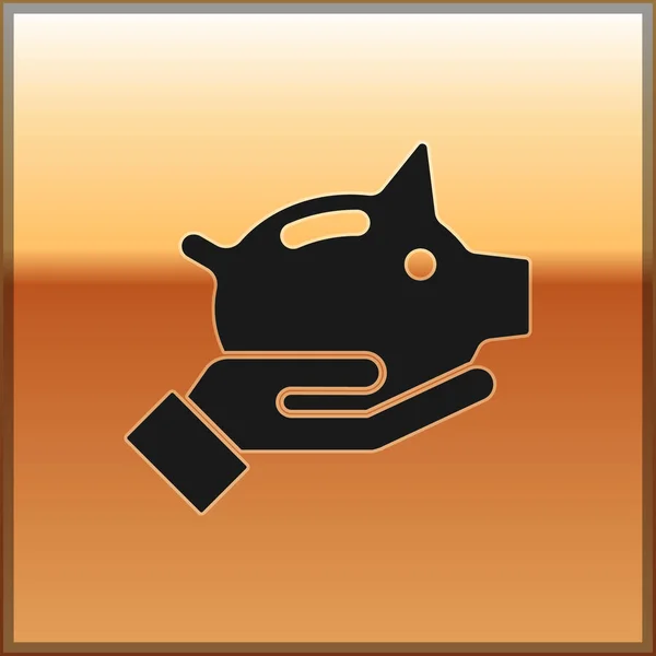 Ікона Банку Black Piggy Ізольована Золотому Тлі Ікона Заощаджує Або — стоковий вектор