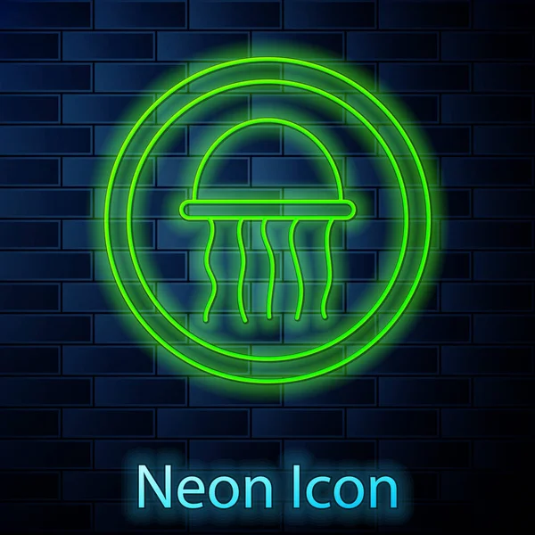 Glowing Neon Line Jellyfish Plate Icon Isolated Brick Wall Background — Stock Vector