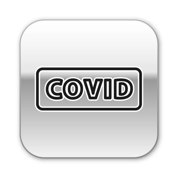 黒い線コロナウイルスは 白い背景に隔離されたCovid 19アイコンです 細菌や細菌 細胞癌 微生物 銀四角形のボタン ベクトル — ストックベクタ