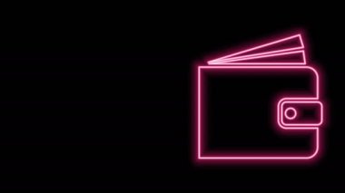 Parlayan neon çizgili cüzdan simgesi siyah arkaplanda izole edildi. 4K Video hareketli grafik canlandırması