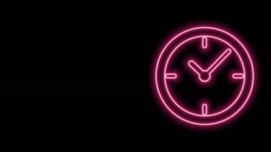 Parlayan neon çizgi saat simgesi siyah arkaplanda izole edildi. Zaman göstergesi. 4K Video hareketli grafik canlandırması