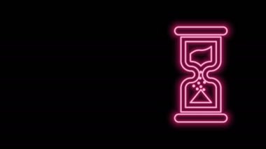 Parlayan neon çizgisi. Siyah zemin üzerinde kum ikonu olan eski kum saati. Kum saati işareti. İş ve zaman yönetimi kavramı. 4K Video hareketli grafik canlandırması