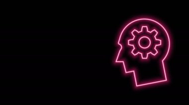 Parlak neon hattı insan kafası ve siyah arka planda izole edilmiş ikon içerisindeki ekipman. Yapay zeka. Düşünen beyin. Beynin sembol çalışması. 4K Video hareketli grafik canlandırması