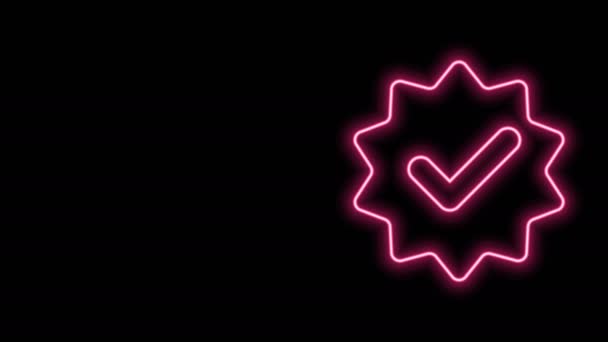 Linea neon incandescente Medaglia approvata o certificata e icona del segno di spunta isolata su sfondo nero. Animazione grafica 4K Video motion — Video Stock