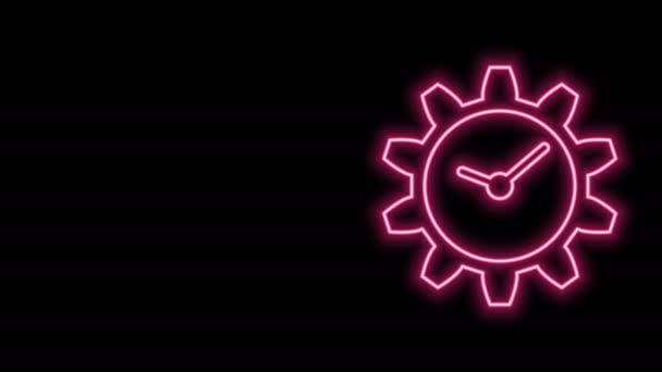 Glödande neon line Time Management ikonen isolerad på svart bakgrund. Klocka och växel tecken. 4K Video motion grafisk animation — Stockvideo