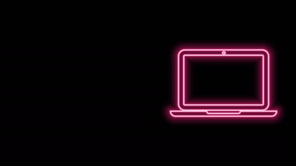 Glowing neon line Laptop ikon terisolasi pada latar belakang hitam. Buku catatan komputer dengan tanda layar kosong. Animasi grafis gerak Video 4K — Stok Video