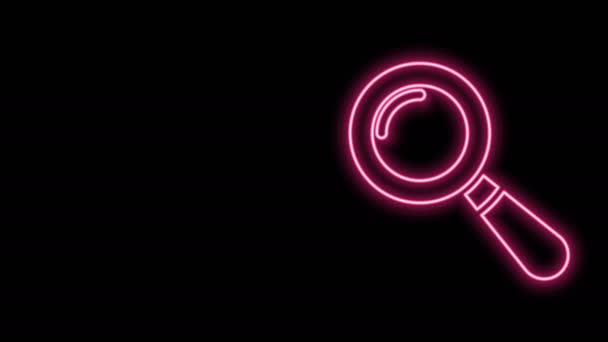 Glödande neon linje Förstoringsglas ikon isolerad på svart bakgrund. Sök, fokusera, zooma, affärssymbol. 4K Video motion grafisk animation — Stockvideo