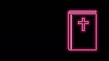 Parlayan neon hattı kutsal kitap ikonu siyah arka planda izole edildi. 4K Video hareketli grafik canlandırması