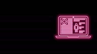 Laptop ikonundaki parlak neon hattı tıbbi kayıtları siyah arkaplanda izole edildi. Sağlık sigortası formu. Tıbbi kontrol işaretleri raporu. 4K Video hareketli grafik canlandırması